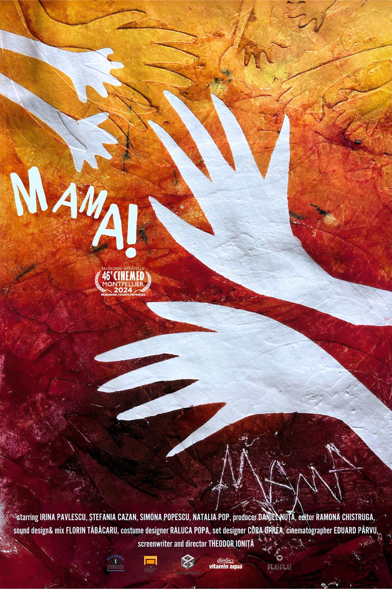 Cartell del curtmetratge «MAMA!», de Theodor Ioniță. Mostra grans siluetes de mans blanques arribant cap a un fons vermell i taronja. Inclou un segell de selecció de festival i crèdits a la part inferior.